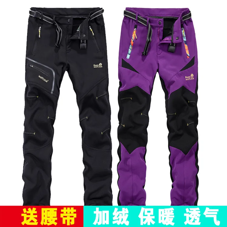 男士加绒加厚秋冬户外运动冲锋裤女大码防水软壳抓绒滑雪登山长裤