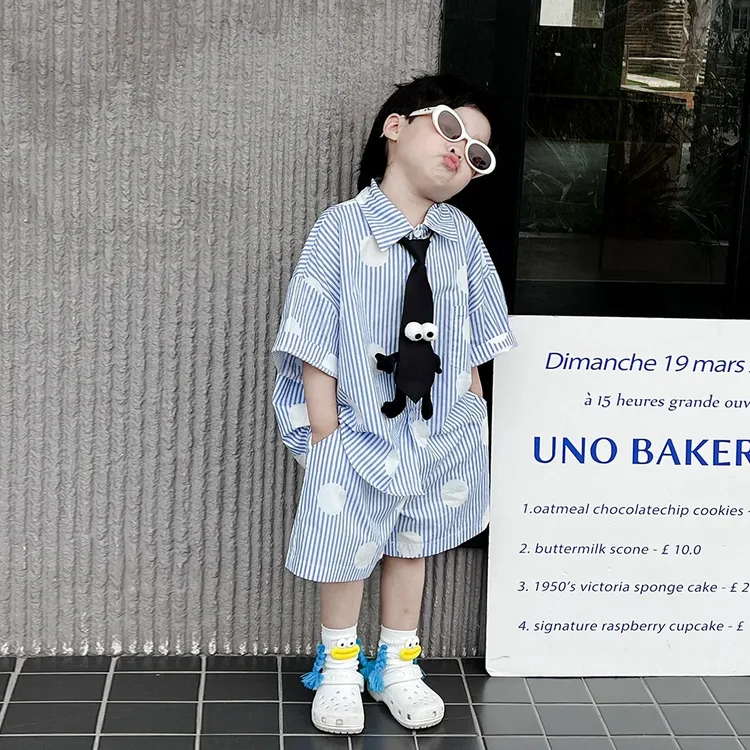 儿童竖条圆点衬衫两件套夏季新款宝宝洋气套装韩版夏装男小孩衣服