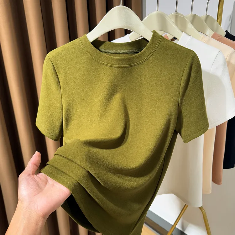 德绒短袖小圆领保暖上衣女2025秋冬修身T恤双面绒打底衫正肩内搭