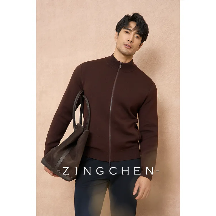 【双层提花工艺】ZINGCHEN加绒针织立领夹克14针弹力保暖羊毛外套