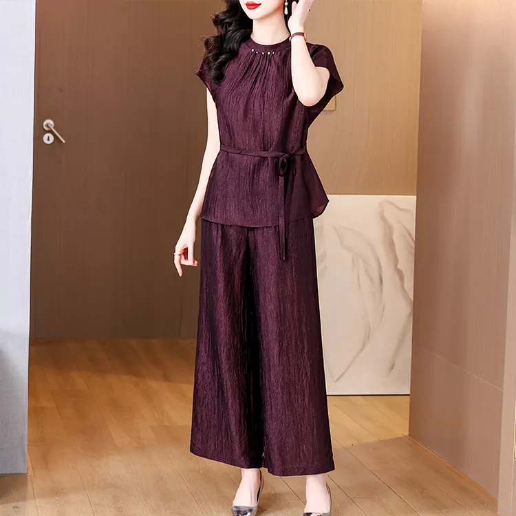 时尚中年妈妈装收腰显瘦轻薄舒适无袖上衣阔腿裤休闲夏季减龄大码