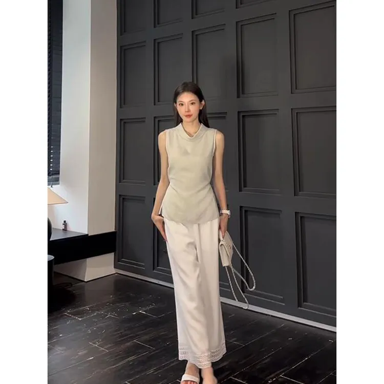 韩系半高领无袖背心上衣套装女夏季新款高级感阔腿九分裤子两件套