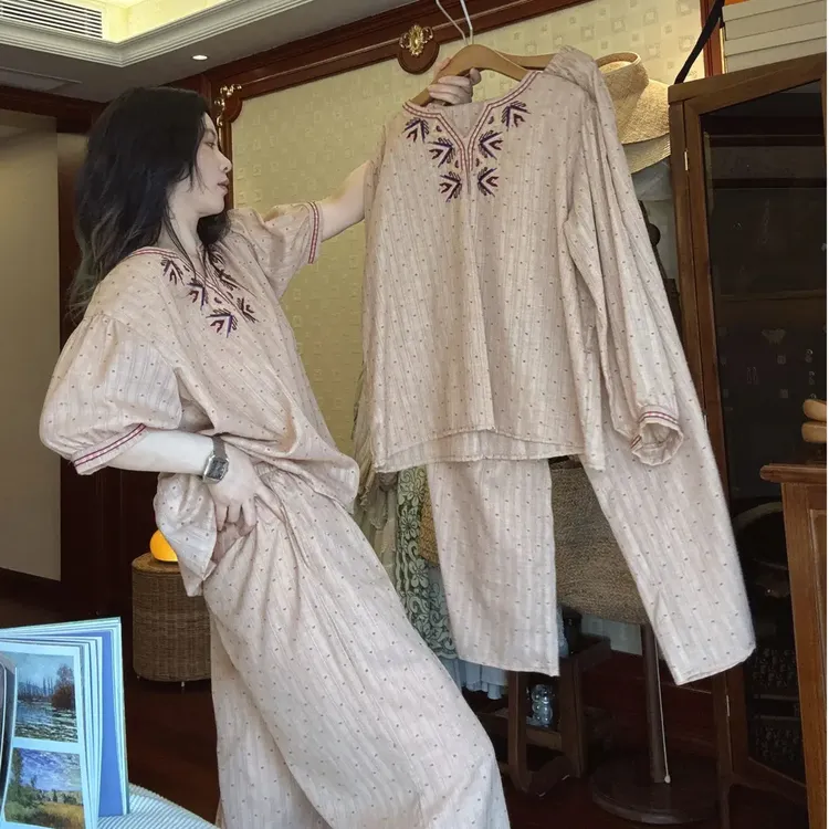复古简约纯色高级感睡衣女春秋2025新款长袖长裤套装家居服可外穿