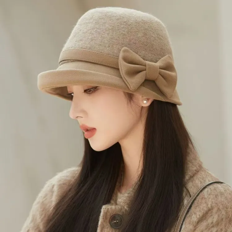 秋冬毛呢渔夫帽女韩版时尚优雅百搭蝴蝶结盆帽保暖气质显脸小礼帽