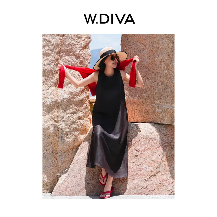 W.Diva【雨后花园】24MM龟裂纹红香云纱中式无袖连衣裙52D112289