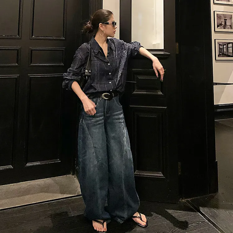 曹漂亮美式高街立体裁剪廓形水洗弯刀牛仔拖地裤高腰显瘦夏季复古