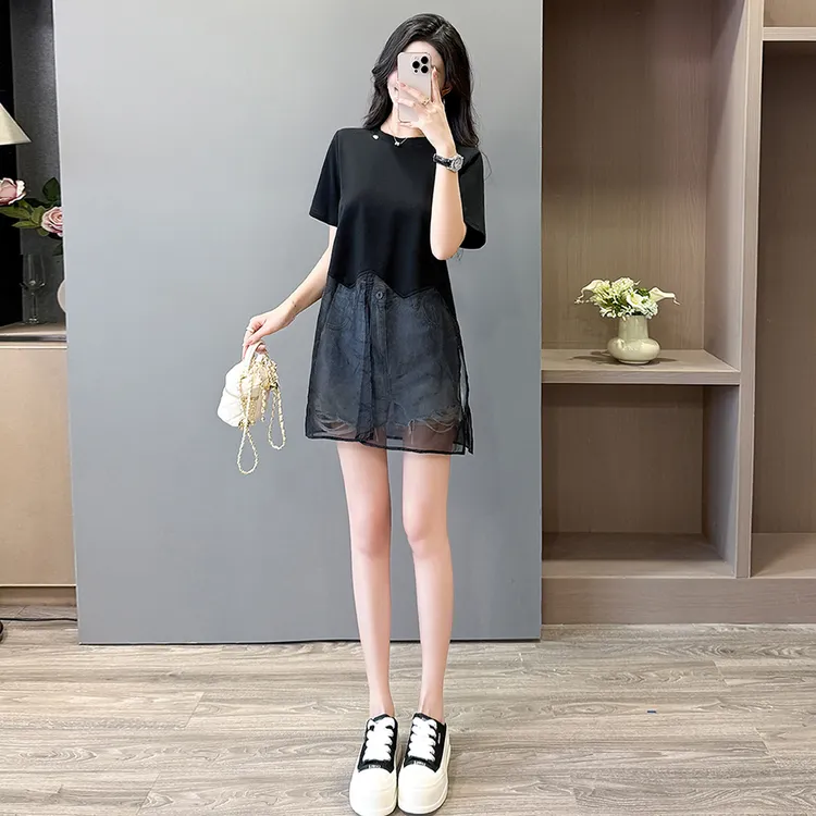 高级感时尚休闲套装女夏新款圆领网纱拼接上衣阔腿牛仔短裤两件套