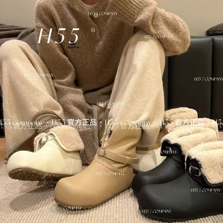 H55女鞋小熊领结25冬季新款皮面两穿棉里防滑雪地靴56-2968-RD