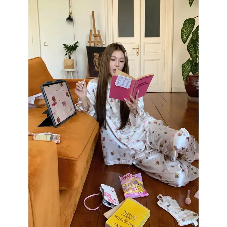 【黑皮kitty猫】夏威夷冰丝睡衣女春秋2025年长袖长裤套装家居服夏