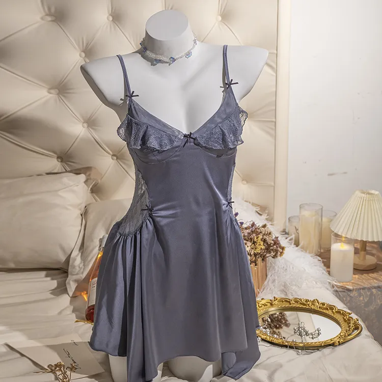 语萱娜90-220斤琥珀流光缎面大码女蕾丝性感睡裙吊带裙1件YYSQ013