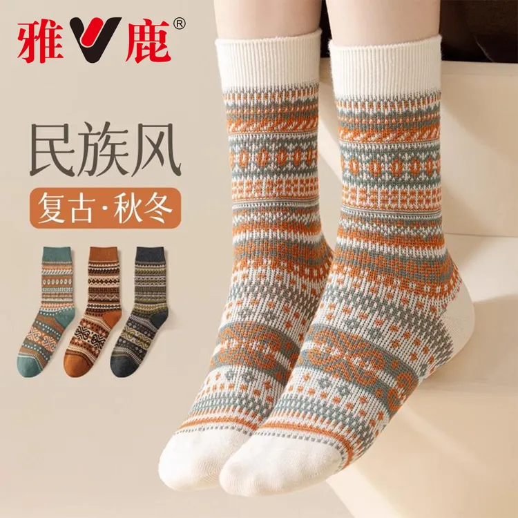 雅鹿美拉德袜子女秋冬中筒袜堆堆袜春秋文艺复古民族风高筒袜长筒