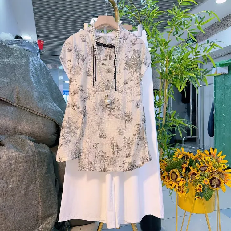 新中式国风山水画盘扣上衣裤子套装改良民族风微胖夏季上新222