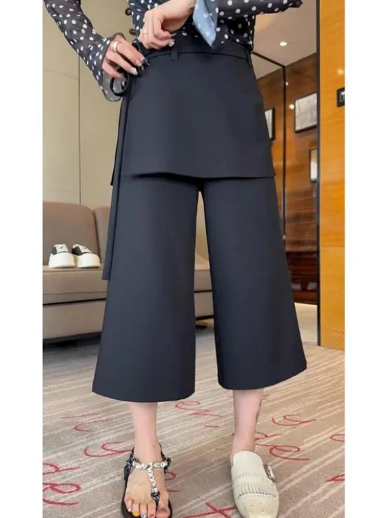 2025夏季薄款大码高腰八分休闲裤梨形身材显瘦百搭假两件西装裤裙