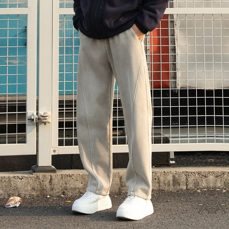 美式水洗晨雾灰牛仔裤男秋冬加绒加厚复古拼接弯刀阔腿休闲裤男款