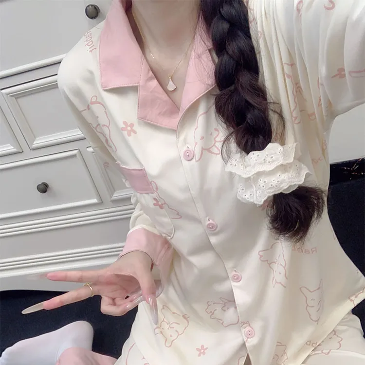 春秋季爆款甜美风长袖睡衣女款绵柔长裤女士小个子家居服两件套装