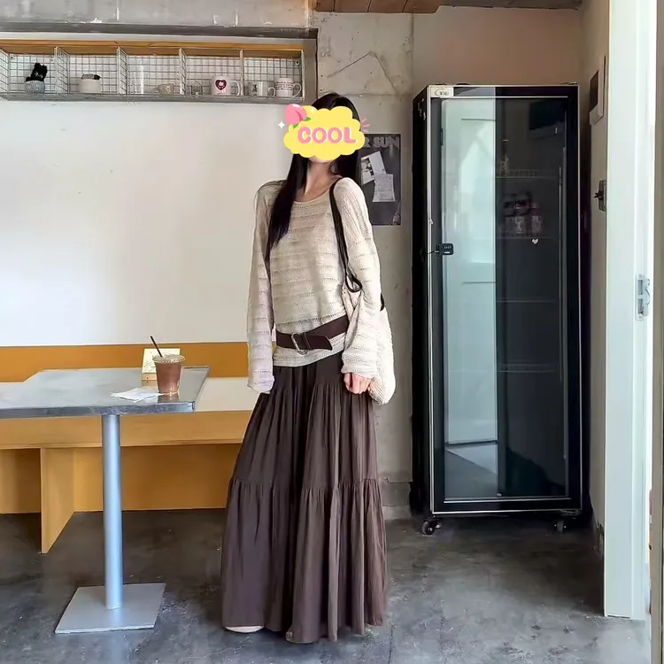 大码秋季复古慵懒风长袖上衣半身长裙两件套90165#