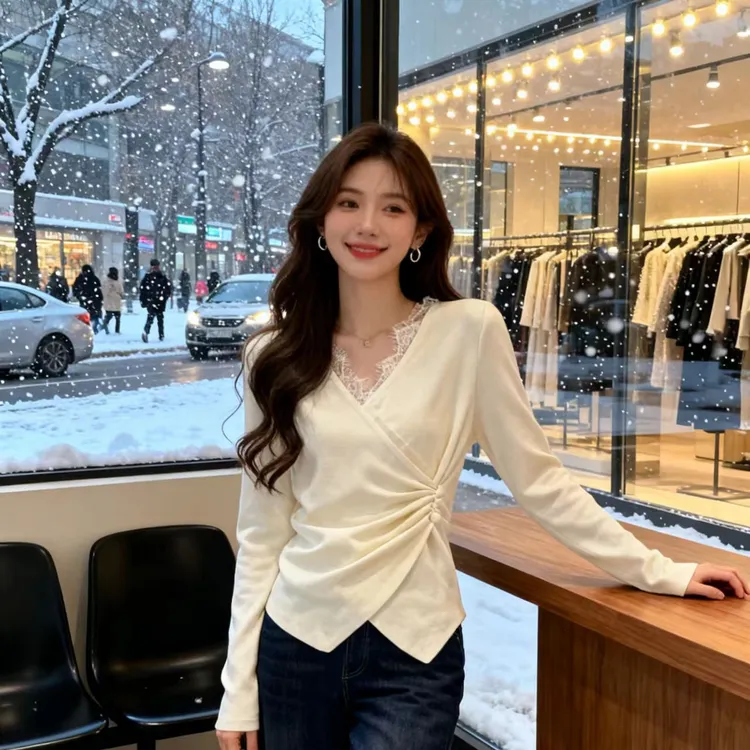 大码女装新款显瘦遮肉设计感V领蕾丝拼接打底慵懒感上衣百搭春秋