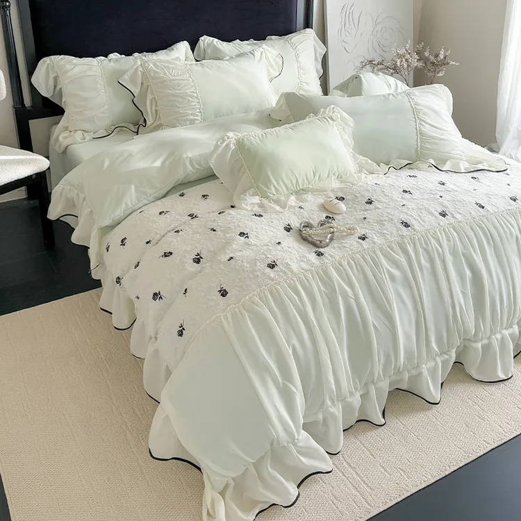 轻奢风公主风亲肤糯小棉刺绣蕾丝四件套裙边被套床单床盖款四件套