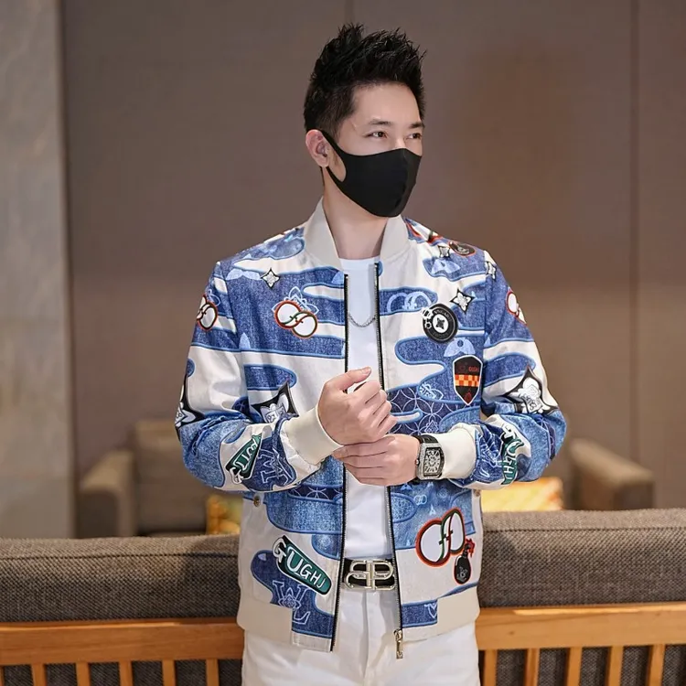 2025秋季时尚潮牌刺绣印花夹克男士潮流个性帅气修身外套夹克格子