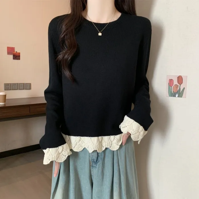 大码女装假两件蕾丝针织衫女秋冬洋气内搭显瘦胖mm遮肚子打底毛衣