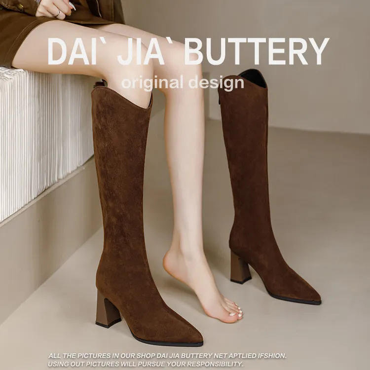 【佩佩专属】粗跟尖头高筒长靴2025秋冬新款V口不过膝高跟瘦瘦靴女