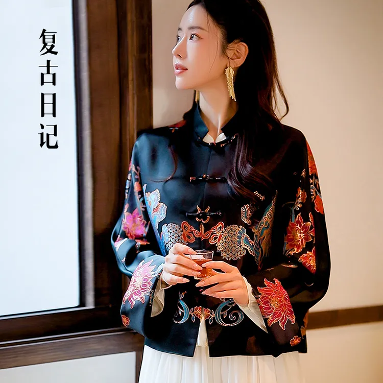 复古日记“锦上添花”桑蚕丝老缎重工高定手工汉服外套25DW2214