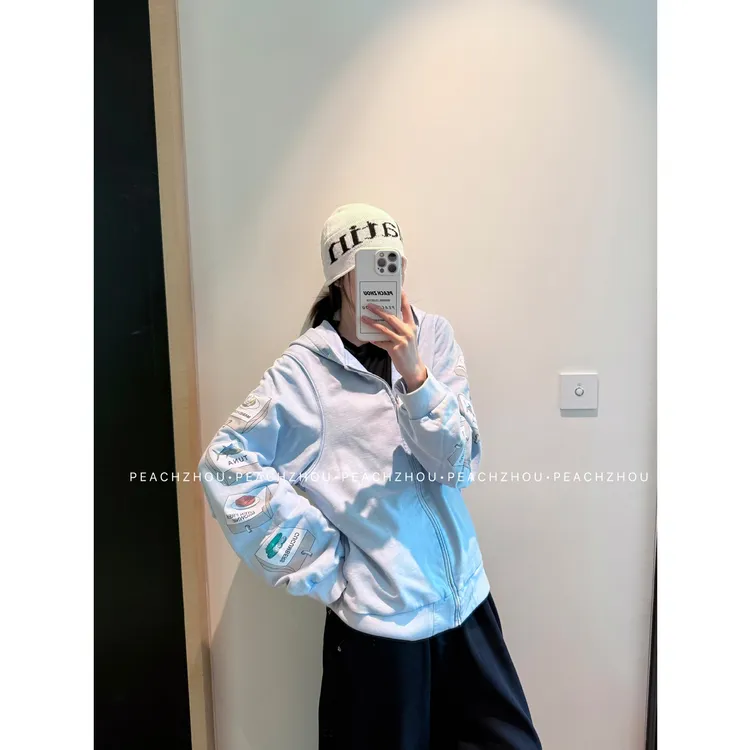 『PEACHZHOU』水洗做旧手袖印花宽松连帽毛圈外套休闲拉链卫衣帽衫