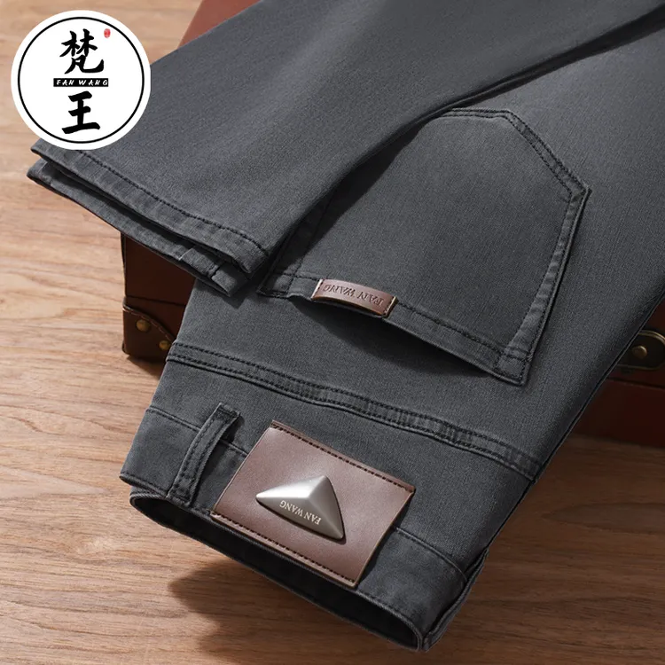 梵王高端男款秋冬季弹力休闲小直筒品牌中年男士加绒加厚牛仔裤子