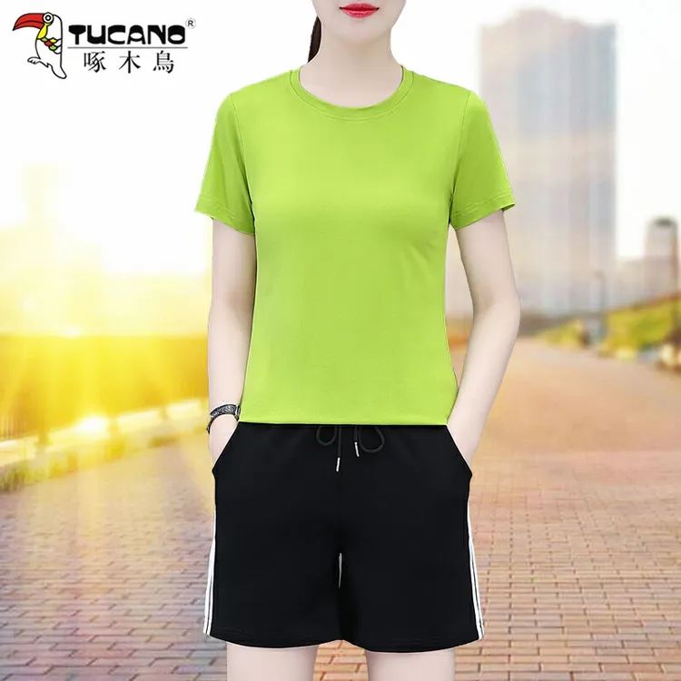 啄木鸟短袖短裤休闲套装女薄款2025年夏季妈妈装跑步运动两件套