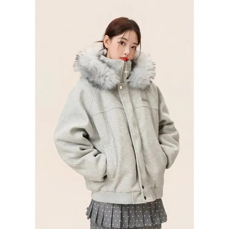 冬装新款座山雕毛领连帽棉服外套男女同款毛呢加厚保暖情侣装棉衣