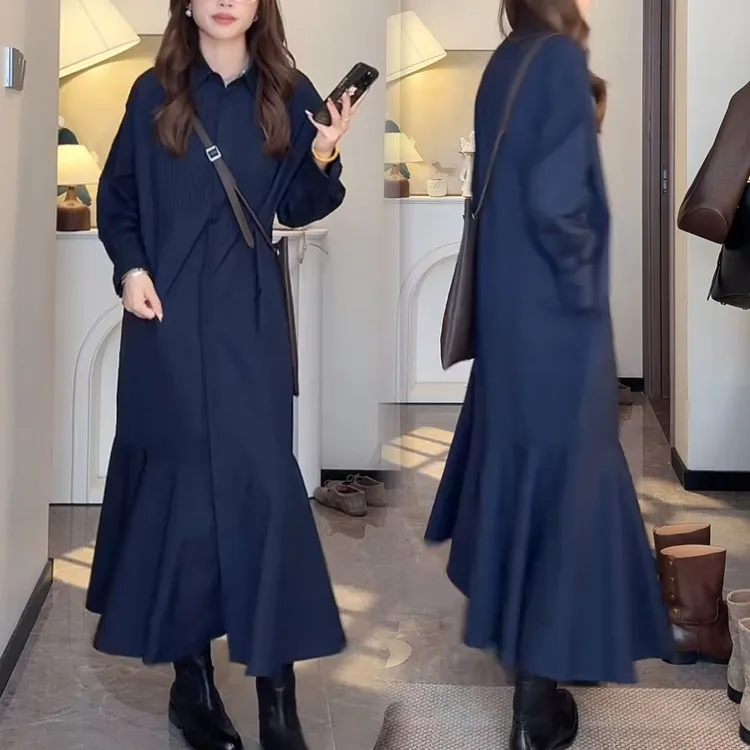 2025秋季新款长袖下摆鱼尾裙纯色中长款裙韩版宽松显瘦圆领连衣裙