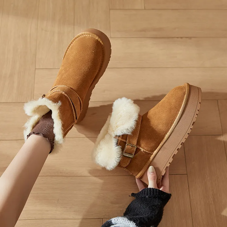 【增高4CM】皮毛一体雪地靴女2025新款真皮加厚翻毛短靴保