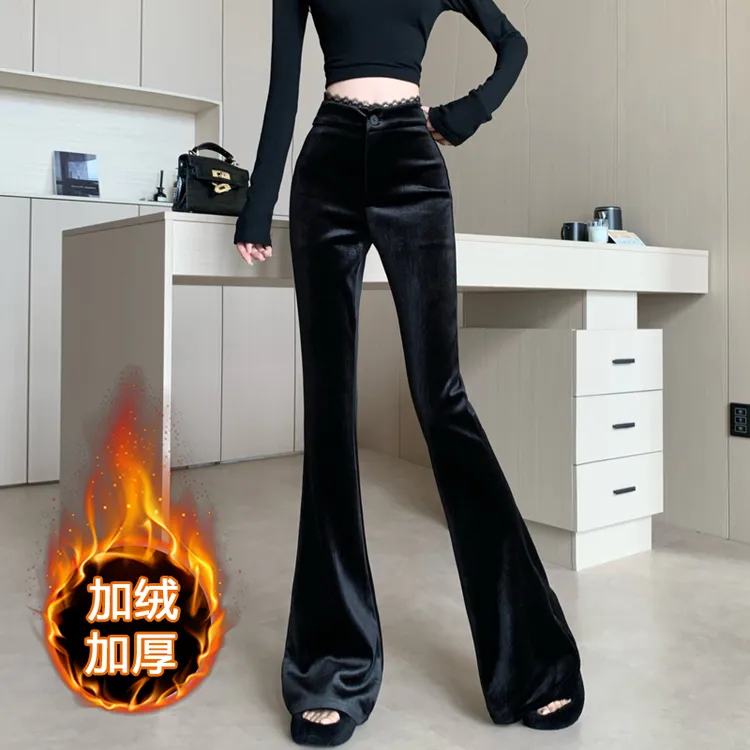 加绒加厚黑色丝绒微喇裤女秋冬时尚蕾丝拼接高腰垂坠感休闲拖地裤