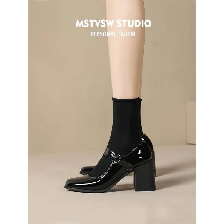 复古玛丽珍鞋女2025新款黑色方头高跟鞋英伦风小皮鞋法式粗跟单鞋
