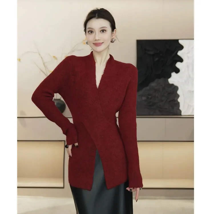 「京京」法式风深V领针织衫女显瘦优雅修身长袖上衣HBZWW918469