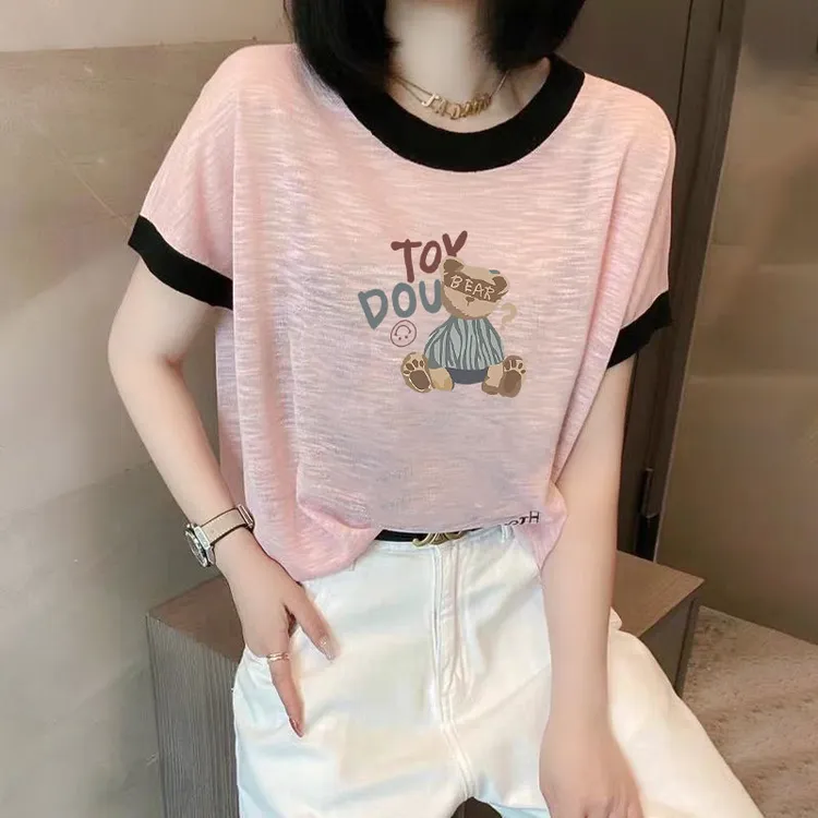 雪花棉短袖拼接圆领2025夏季新款慵懒感薄款t恤衫女印花小众上衣