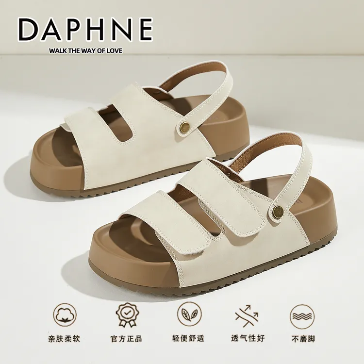 达芙妮森系一字扣带凉鞋女2025夏新款露趾魔术贴勃肯鞋软底凉鞋女
