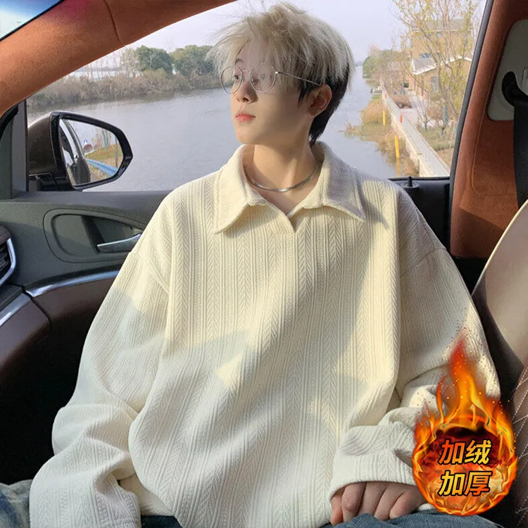 美式休闲卫衣男加绒加厚保暖宽松打底冬季长袖polo衫春秋冬季外套