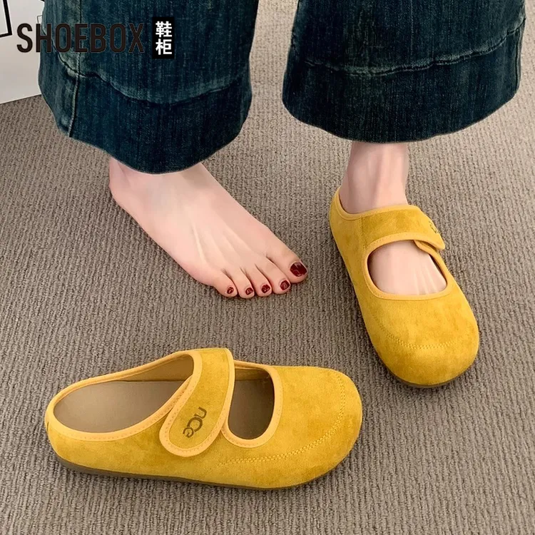 达芙妮集团旗下超火黄色包头拖鞋女2025新款夏季软底复古玛丽珍鞋