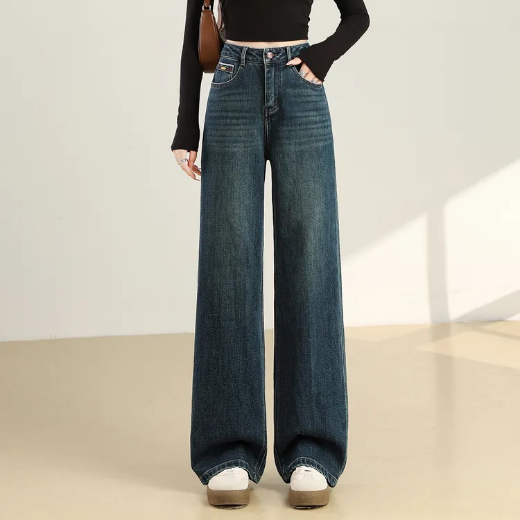 美式复古蓝阔腿牛仔裤女2025春秋新款梨形身材宽松显瘦直筒拖地裤