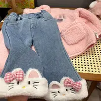 女童加绒牛仔裤百搭洋气个性卡通幼儿园微喇叭冬季长裤子2025新款