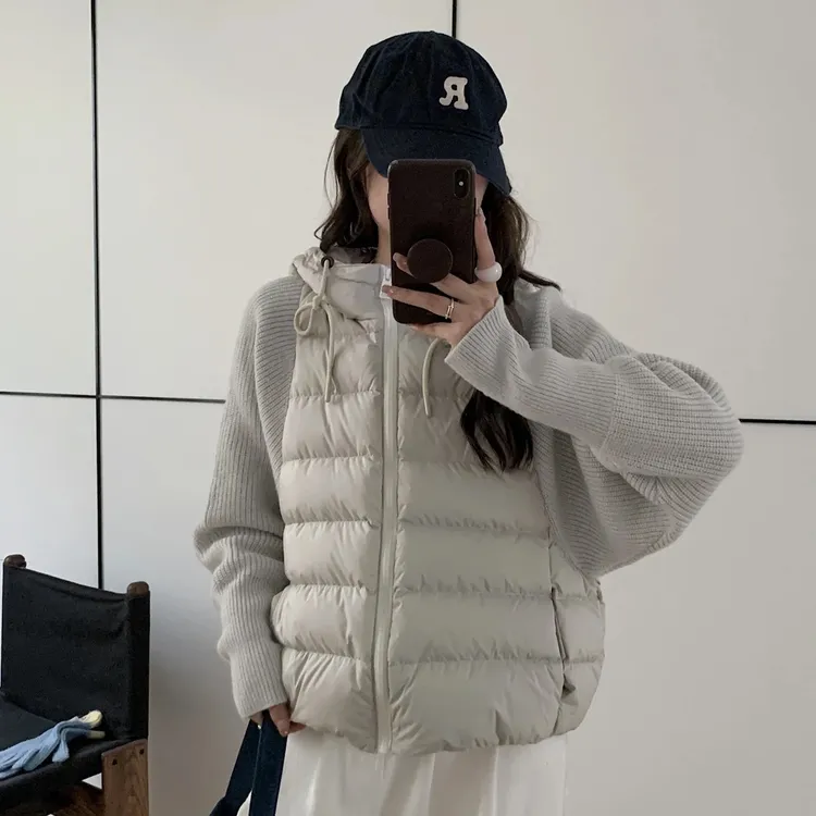 针织拼接加厚棉服女2025连帽冬季棉衣宽松休闲新款显瘦外套