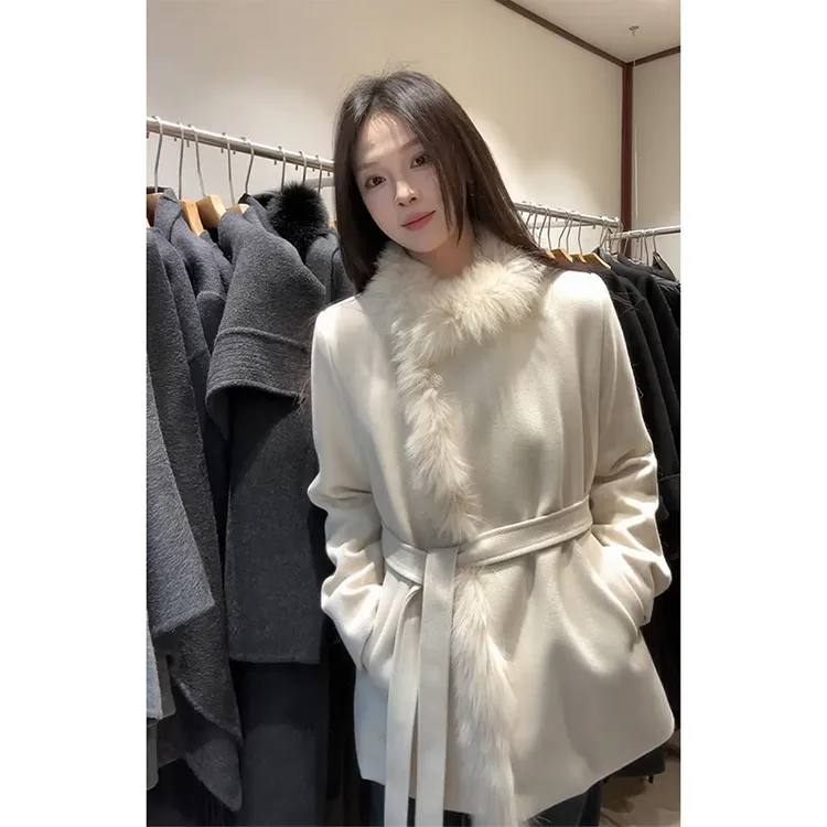 MARIE.COCO慵懒风百搭收腰显瘦系带大衣女小众独特别致毛领外套