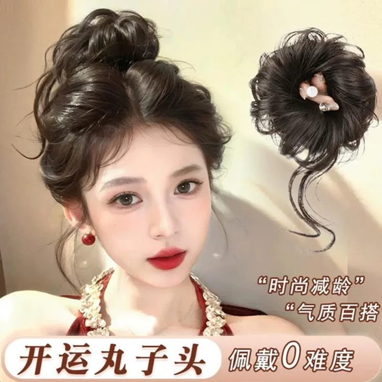 蓬松侧扎龙须丸子头假发女2025新款扎花苞头盘发神器发圈仿真