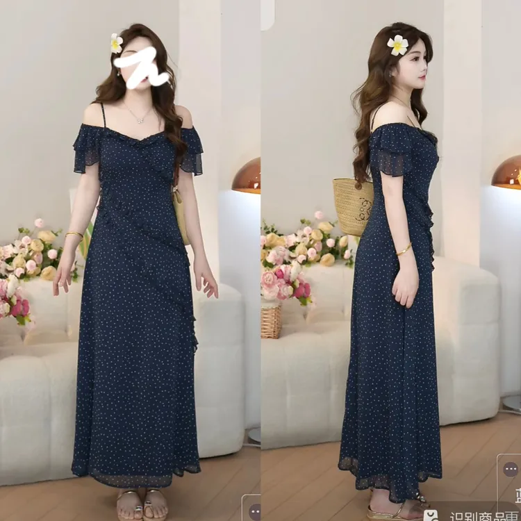 M u子酱微胖夏季大码胖mm修身显瘦气质高级感露肩连衣裙WPWGN0030