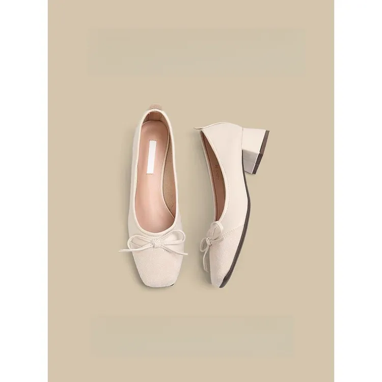 方头晚风蝴蝶结玛丽珍鞋女2025夏季新款浅口粗跟单鞋