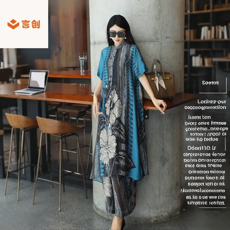 321夏季新款时尚气质显瘦印花中长款上衣宽松减龄阔腿裤两件套女