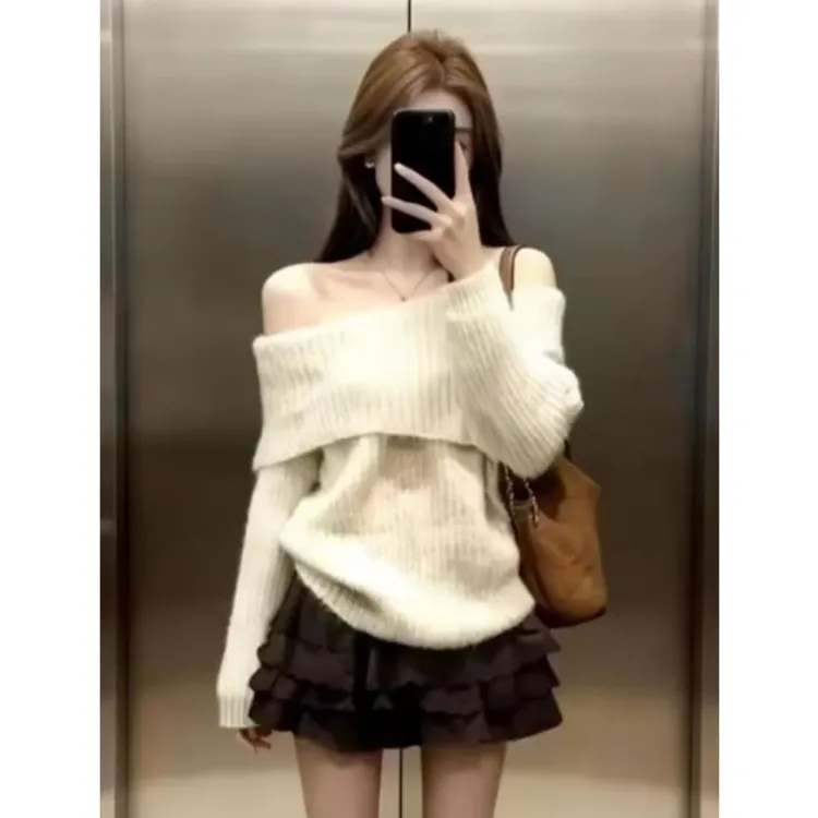 韩系慵懒风一字露肩针织衫毛衣女重工花边蛋糕短裙氛围感两件套装