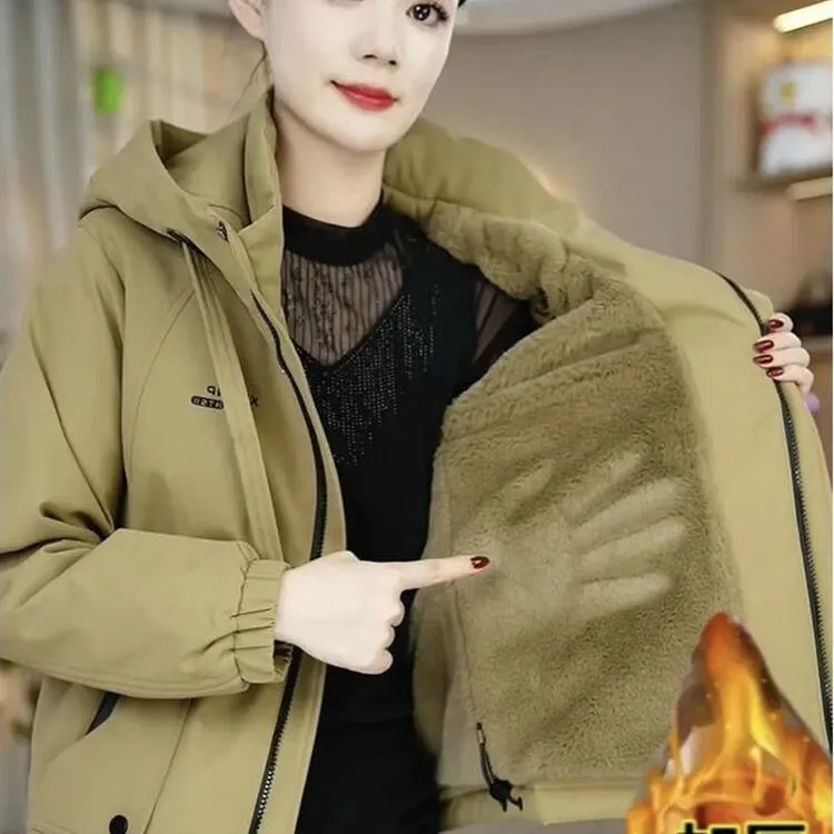 2025年冬季新款长袖加绒加厚防风百搭时尚休闲减龄连帽派克服外套
