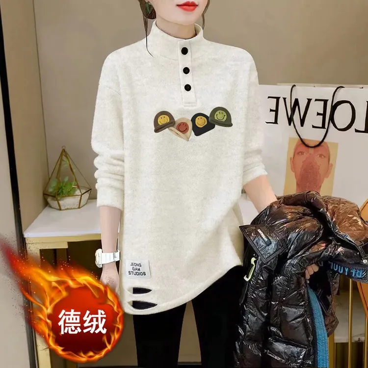 2025新款半高领长袖中长款T恤女破洞纽扣保暖宽松百搭洋气打底衫